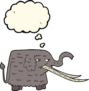 Bir insan tarafından çizilmiş düşünce baloncuklu yünlü mamut çizgi filmi.