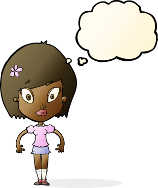 Bir insan tarafından çizilmiş düşünce baloncuğu olan güzel bir kadın.