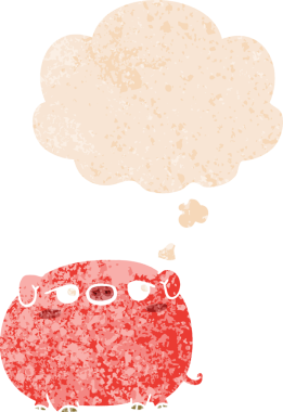 Homurdanan düşünce baloncuğu olan sevimli çizgi film domuzu bir insan tarafından çizilmiş dertli retro dokuma tarzı