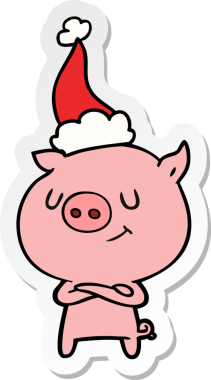 Bir insan tarafından çizilmiş Noel Baba şapkası takan bir domuzun mutlu el çizimi karikatürü.