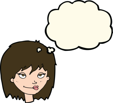 Bir insan tarafından çizilmiş düşünce baloncuğu olan gülümseyen bir kadın.