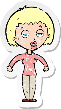 Bir insan tarafından çizilmiş omuzlarını silken karikatürlü bir kadının gerilmiş çıkartması.