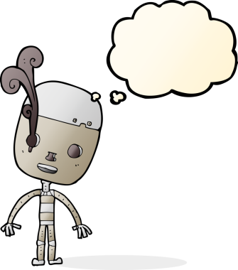 Bir insan tarafından çizilmiş düşünce baloncuklu üzgün robot çizgi filmi.