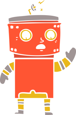 Bir insan tarafından çizilmiş düz renkli çizgi film robotu