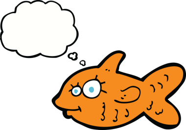 Bir insan tarafından çizilmiş düşünce balonlu mutlu Japon balığı çizgi filmi.