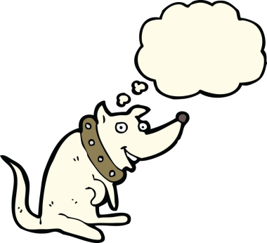 Bir insan tarafından çizilmiş düşünce baloncuğu olan büyük yakalı mutlu bir köpek.