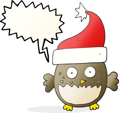 Bir insan tarafından çizilmiş noel şapkası giyen serbest konuşma balonu karikatürü baykuşu.