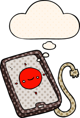 bir insan tarafından çizilmiş çizgi roman tarzında düşünce baloncuklu cep telefonu aygıtı