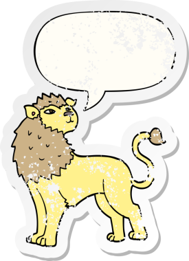 Konuşma baloncuğu olan karikatür aslanı bir insan tarafından çizilmiş sıkıntılı eski bir çıkartma