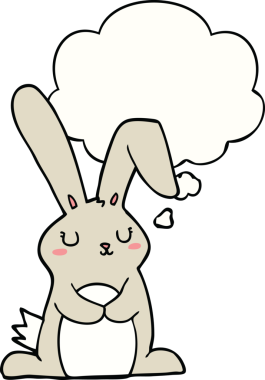Bir insan tarafından çizilmiş düşünce kabarcığı olan çizgi film tavşanı.