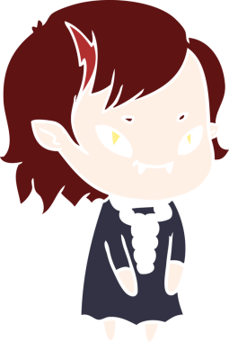 Bir insan tarafından çizilmiş düz renkli çizgi film arkadaş canlısı vampir kız.