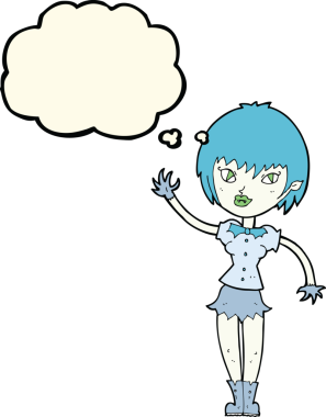 Bir insan tarafından çizilmiş düşünce balonlu vampir kız.