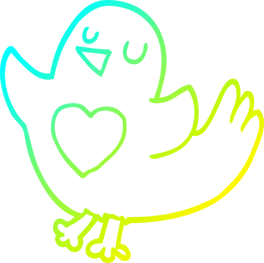 Bir insan tarafından çizilmiş kalbi olan çizgi film kuşunun soğuk gradyan çizgisi.