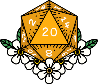 Retro Dövme Biçimi Doğal 20 D20 zar bir insan tarafından çizilmiş çiçek elementleriyle