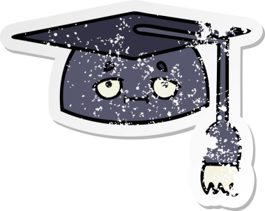 Bir insan tarafından çizilmiş şirin bir çizgi film mezuniyet şapkasının sıkıntılı çıkartması.