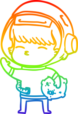 Gökkuşağı gradyan çizimi. Bir insan tarafından çizilmiş uzay kayası taşıyan meraklı astronot çizimi.