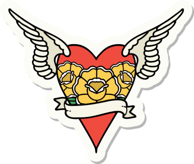 Geleneksel bir kalp stili olan dövme çıkartması. Kanatları ve pankartı bir insan tarafından çizilmiş.