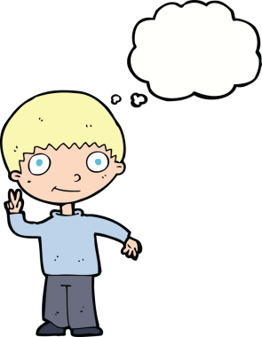 Çizgi filmci çocuk bir insan tarafından çizilmiş düşünce balonuyla barış işareti yapıyor.