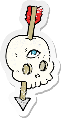 Bir insan tarafından çizilmiş, beynine ok saplanmış sihirli bir kafatasının gerilemiş yapıştırması.