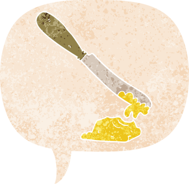 Çizgi film bıçağı tereyağını konuşma baloncuğuyla yayıyor grunge dertli retro tarzı bir insan tarafından çizilmiş