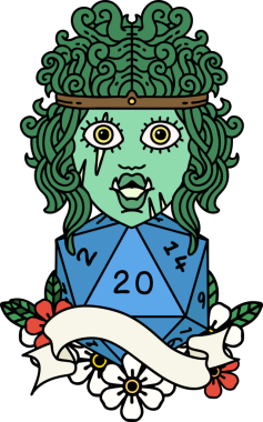 Retro Dövme Biçimi Yarı Ork Barbar Karakteri Bir insan tarafından çizilmiş 20 zar ile