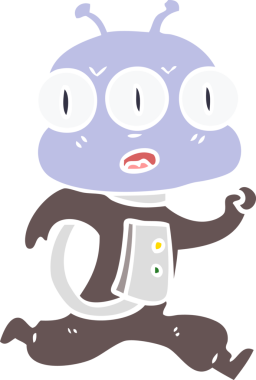 Düz renkli karikatür. Bir insan tarafından çizilmiş üç gözlü uzaylı.