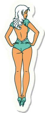 Geleneksel stil dövme çıkartması. Bir insan tarafından çizilmiş mayo kız resmi.