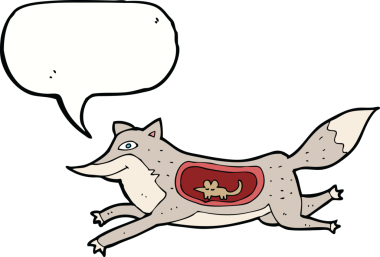 Bir insan tarafından çizilmiş, midesinde fare olan çizgi film kurdu.