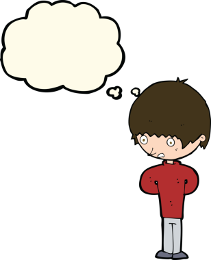 Bir insan tarafından çizilmiş düşünce baloncuğu olan sinirli bir çocuk.