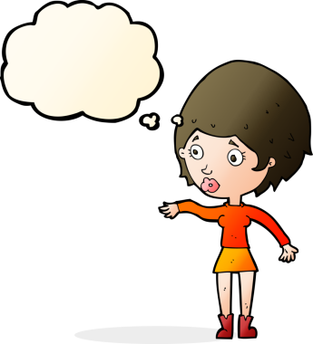 Bir insan tarafından çizilmiş düşünce baloncuğuna uzanan endişeli bir kadın.