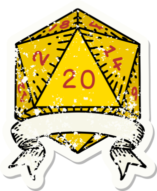 Bir insan tarafından çekilen 20 kritik vuruşluk D20 zar atımının grunge çıkartması.