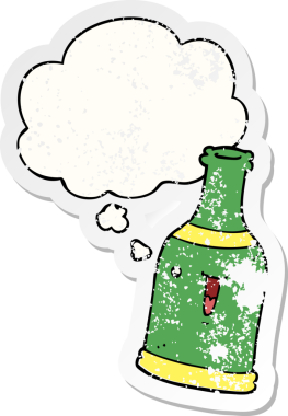 Düşünce baloncuklu çizgi film bira şişesi insan tarafından çizilmiş yıpranmış bir çıkartma gibi.