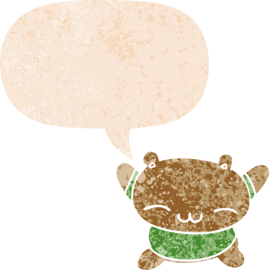 Bir insan tarafından çizilmiş grunge sıkıntılı retro desenli konuşma balonu ile çizgi film zıplayan ayı