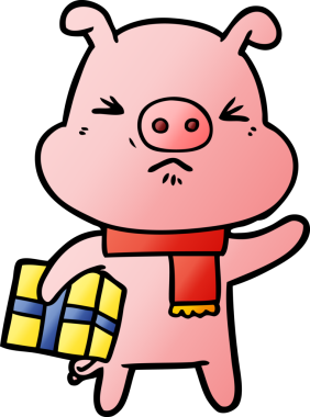 Bir insan tarafından çizilmiş Noel hediyeli kızgın domuz çizgi filmi.