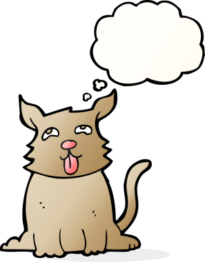 Bir insan tarafından çizilmiş düşünce balonlu mutlu bir köpek.