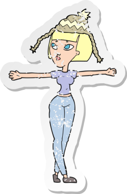 Bir insanın çizdiği şapkayı takan bir karikatür kadının gerilimli çıkartması.