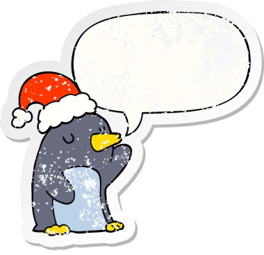 Konuşma baloncuğu olan şirin bir penguen. Bir insan tarafından çizilmiş sıkıntılı eski bir çıkartma.