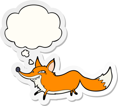 Düşünce baloncuğu insan tarafından çizilmiş bir çıkartma olan kurnaz tilki çizgi filmi.