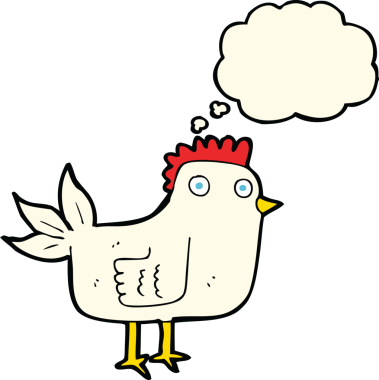 Bir insan tarafından çizilmiş düşünce kabarcığı olan çizgi film tavuğu.