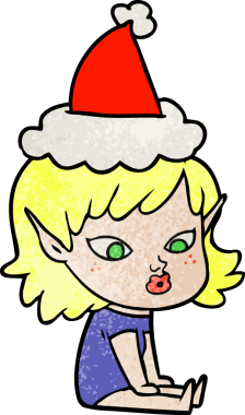 Bir insan tarafından çizilmiş Noel Baba şapkası takan bir elf kızı çizilmiş güzel bir el çizimi.