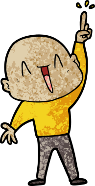 Bir insan tarafından çizilmiş harika bir fikri olan mutlu, kel bir adam.