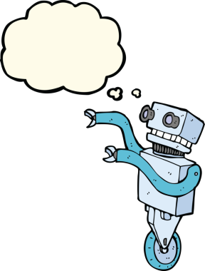 Bir insan tarafından çizilmiş düşünce baloncuklu komik robot.