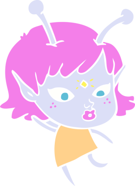 Bir insan tarafından çizilmiş düz renkli uzaylı kız çizgi filmi.