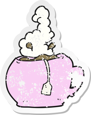 Bir insan tarafından çizilmiş bir çay fincanının retro sıkıntılı yapıştırması.