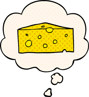 Çizgi roman tarzında bir insan tarafından çizilmiş düşünce baloncuklu çizgi film peyniri.