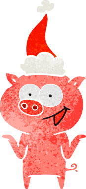 Bir insan tarafından çizilmiş Noel Baba şapkası takan bir domuzun el çizimi karikatürü.