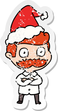 El çizimi, bıyıklı bir adamın insan tarafından çizilmiş Noel Baba şapkasıyla şok olmuş bir karikatürü.