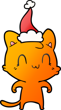 Noel Baba şapkası takan mutlu bir kedinin insan tarafından çizilmiş el çizimi karikatürü.