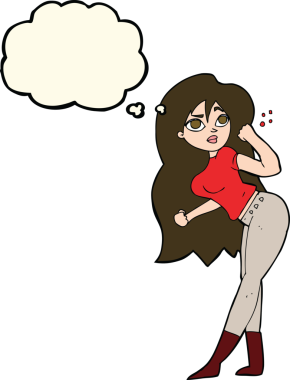 Bir insan tarafından çizilmiş düşünce baloncuğuyla yumruk kaldıran karikatür kadın.