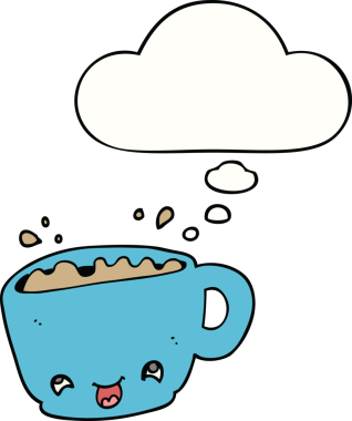 Bir insan tarafından çizilmiş düşünce baloncuklu kahve fincanı.